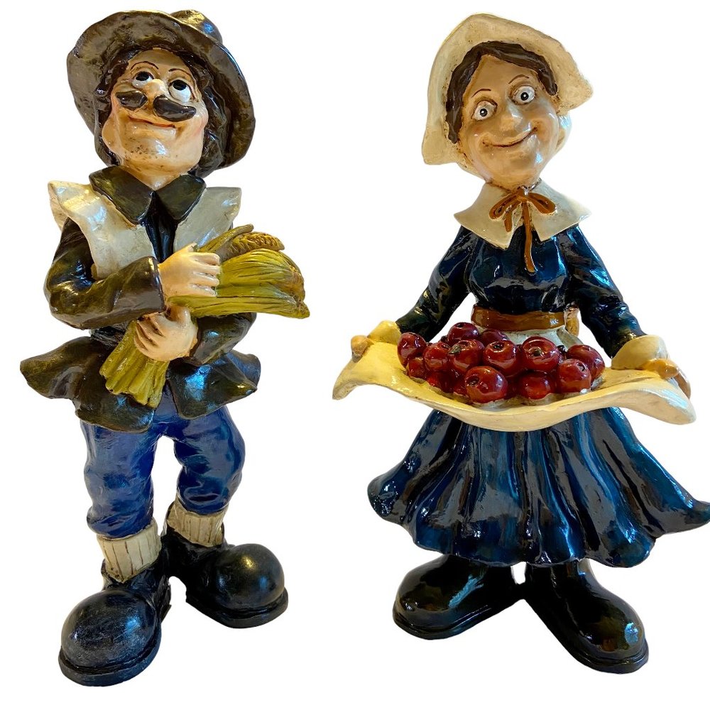 Hand Painted Vintage Thanksgiving Harvest Cast Resin Pilgrim Figurine 2pcSet 8”